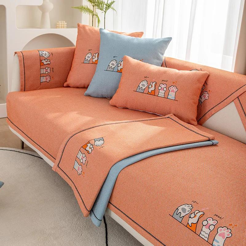 Cotton Linen Sofa Mat Universal Year-round Anti Slip Wear-resistant Settee Towel Cartoon Cat Paw Print Sofa Cover Pillowcase
