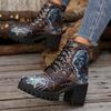 Large size totem European and American style lace-up fashion boots autumn and winter new square heel round head height-increasing women's boots