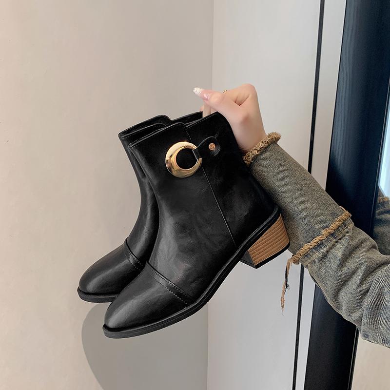 Paneled Booties  Spring and Autumn New Pointed Toe Side Zipper Metal Buckle Soft Sole Non-slip Block Heel Shoes