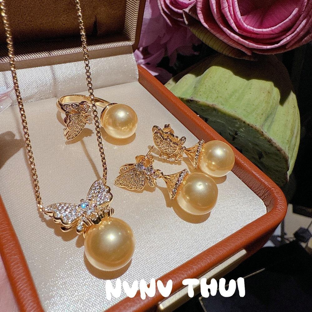 Jewelry, Riyao Gilt Thick Gold Pearl Butterfly Gemstone Necklace, Banquet Haute Couture Flower Butterfly Bead Earrings Set