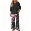 Women Casual Button Front Top with Three Quarter Sleeves and Wide Leg Printed Pants Two Piece Set Comfortable Loose Fit