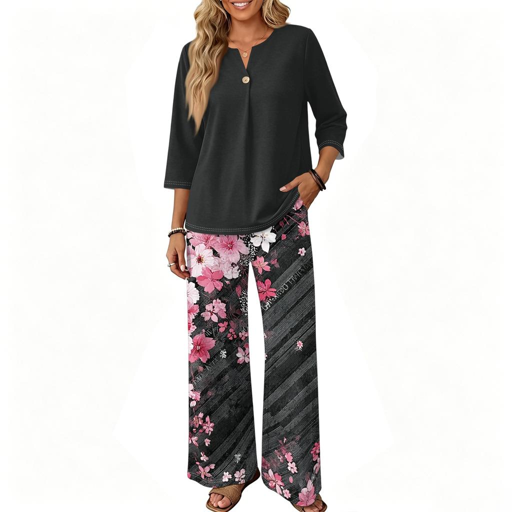 Women Casual Button Front Top with Three Quarter Sleeves and Wide Leg Printed Pants Two Piece Set Comfortable Loose Fit