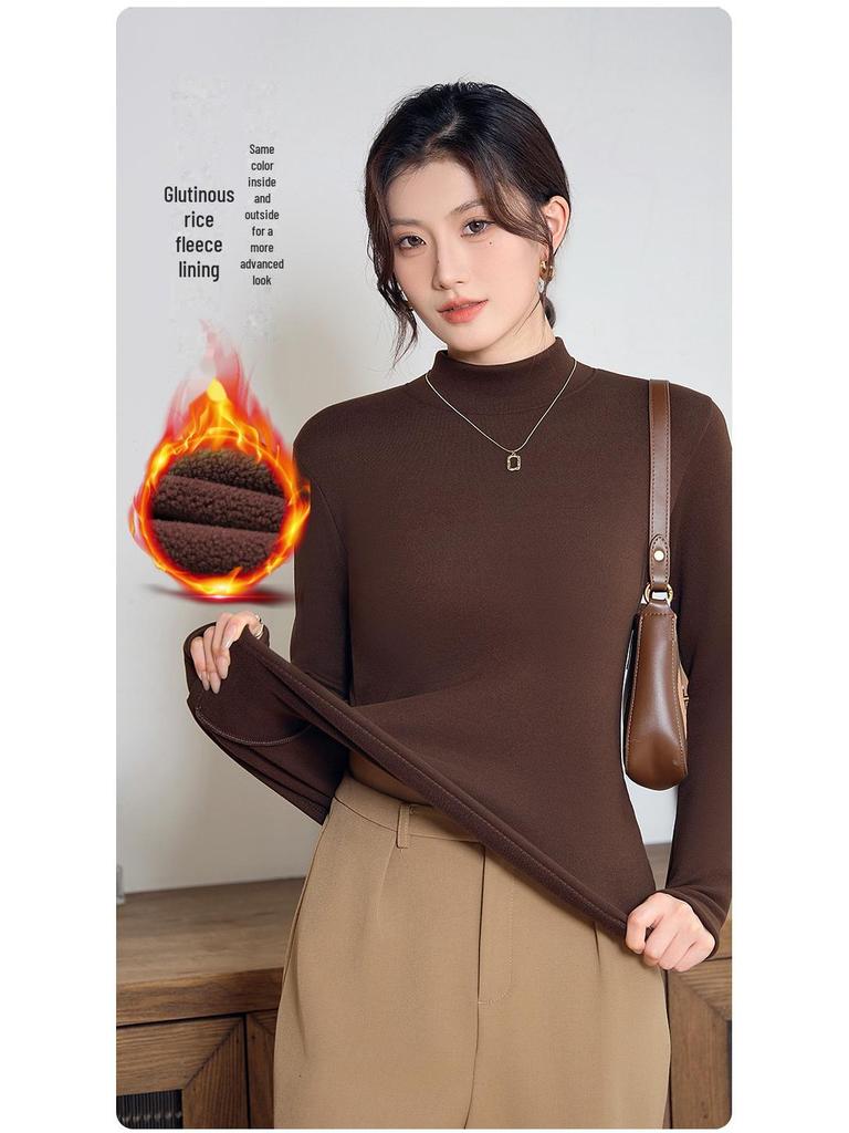 Unisex Slim Fit Knitted Half Turtleneck Shirt - Thick Velvet Lined for Autumn/Winter Warmth, Long Sleeve