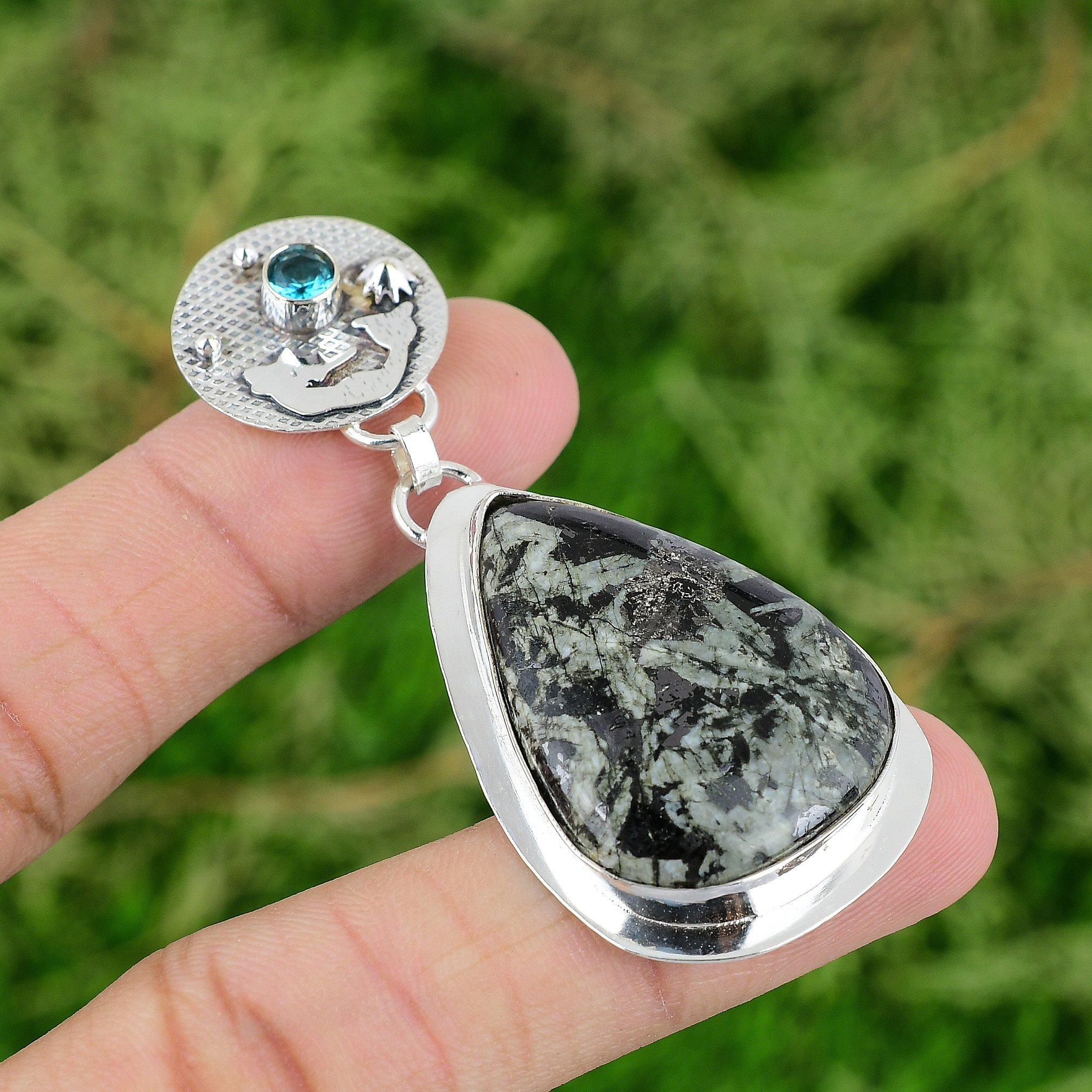 

925 Silver Pear Chinese Writing Stone Swiss Blue Topaz Mermaid Pendant Jewelry