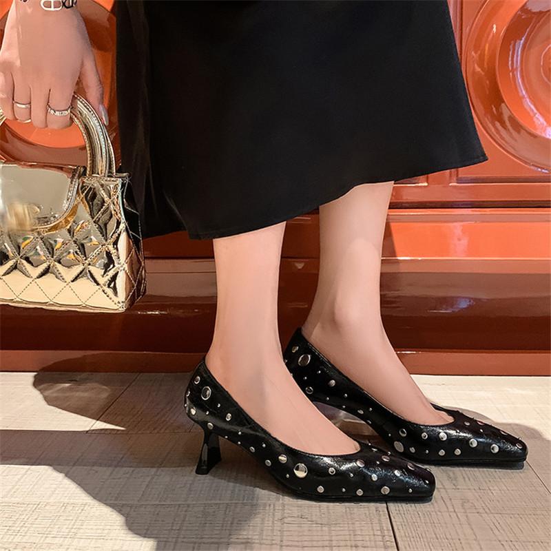 Fashion New Spring/summer Split Leather Shallow Shoes for Women Fashion Rivet Square Toe Women Pumps Breathable High Heels Black