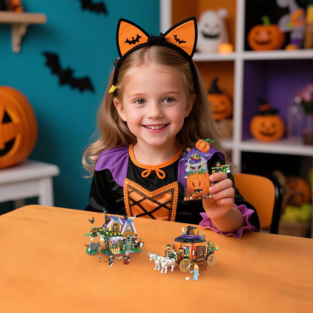 Halloween House Travel Pumpkin Carriage Haunted House Building BlocksSmall ParticleAssembly Toys