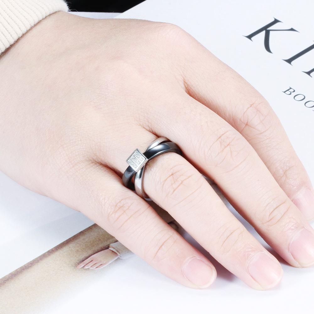 European & American 7MM Zirconia Inlaid Stainless Steel Black Silver Ceramic Women's Ring