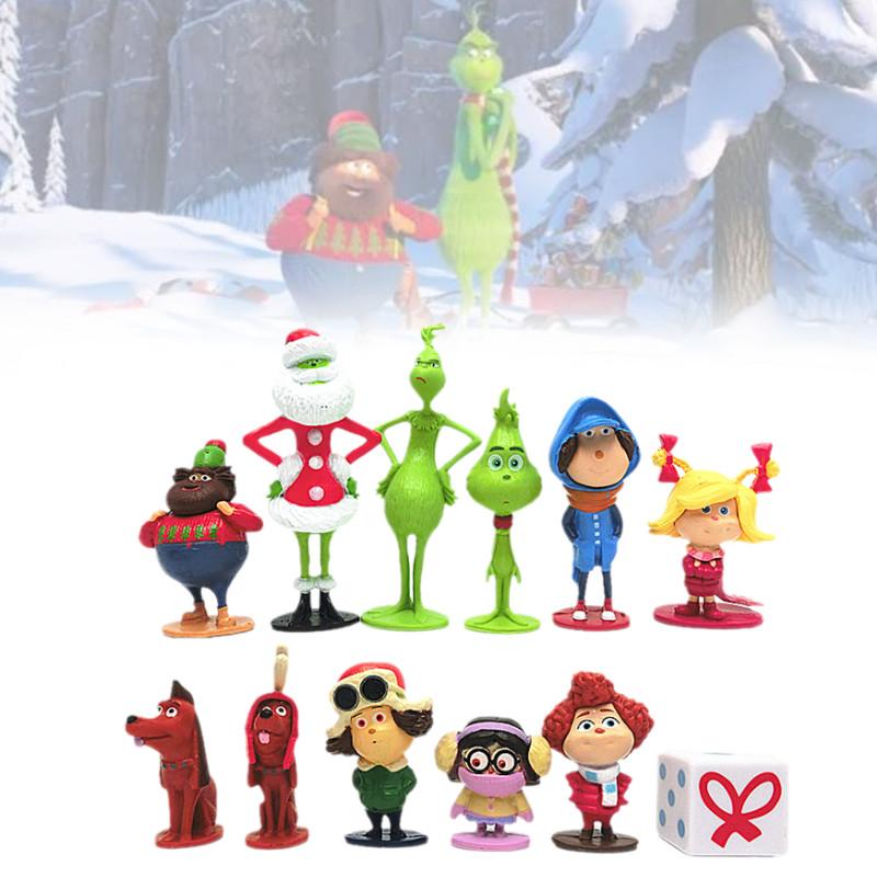 12 Entzückende Grinch-Figuren Weihnachten Thema Grüne Fellcharaktere Sammlerdeko