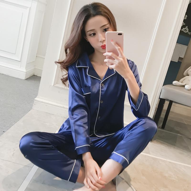 GMXIA Spring and Autumn Faux Silk Pajamas for Women, Long-sleeved Thin Shirts, Sexy Ice Silk Home Wear and Casual Pajama Sets