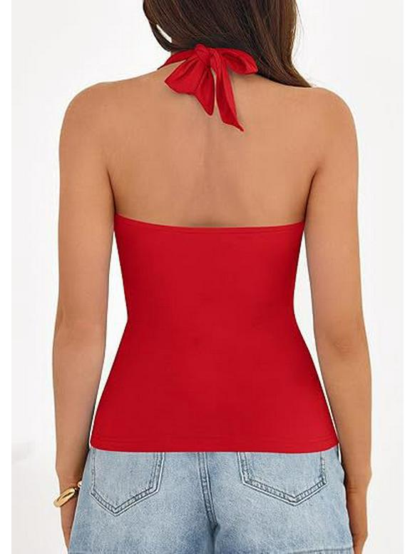 Women's Solid Color Sleeveless V-neck Halter Backless Top - Summer Style
