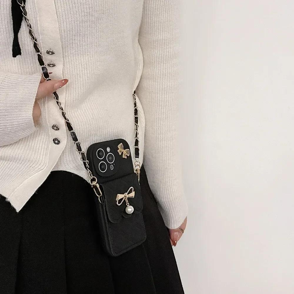 3D Bowknot Crossbody Wallet Phone Case For iPhone 16 15 14 Plus 13 12 11 XS XR X 7 8 Pro Max Plus SE with Card Holder Lanyard
