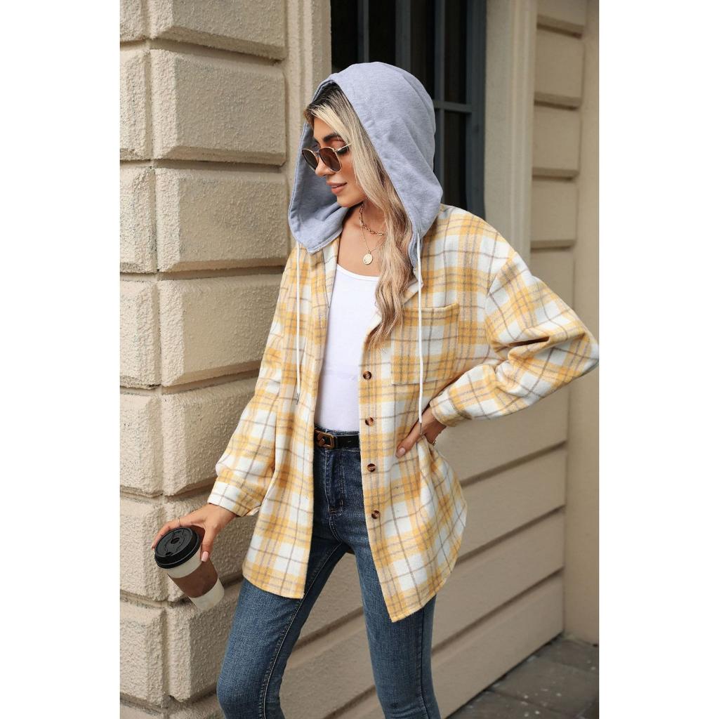 Fall Winter Women's Plaid Color Block Hooded Long Sleeve Loose Wool Coat