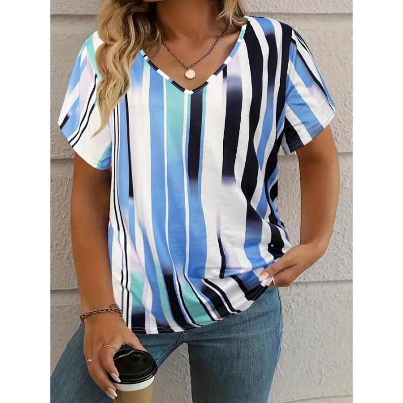 

Футболка женская летняя повседневная элегантная с v-образным вырезом и коротким рукавом в полоску, свободная повседневная женская футболка 8XL