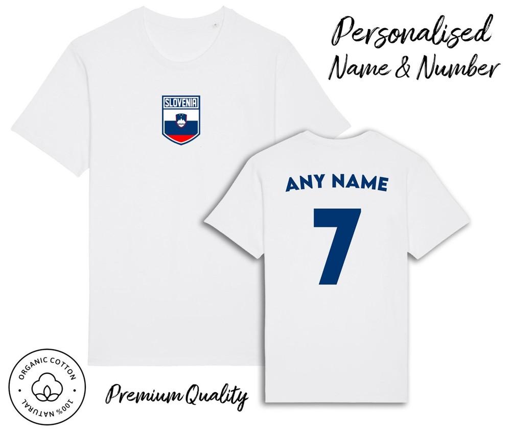 

Slovenia Flag T-Shirt 2024 Personalised Name and No Adult Kids Baby, Football Euro 4XL