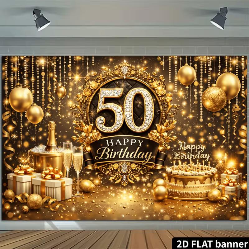 2D 50th Birthday Black Gold Themed Backdrop Photo Background Banner