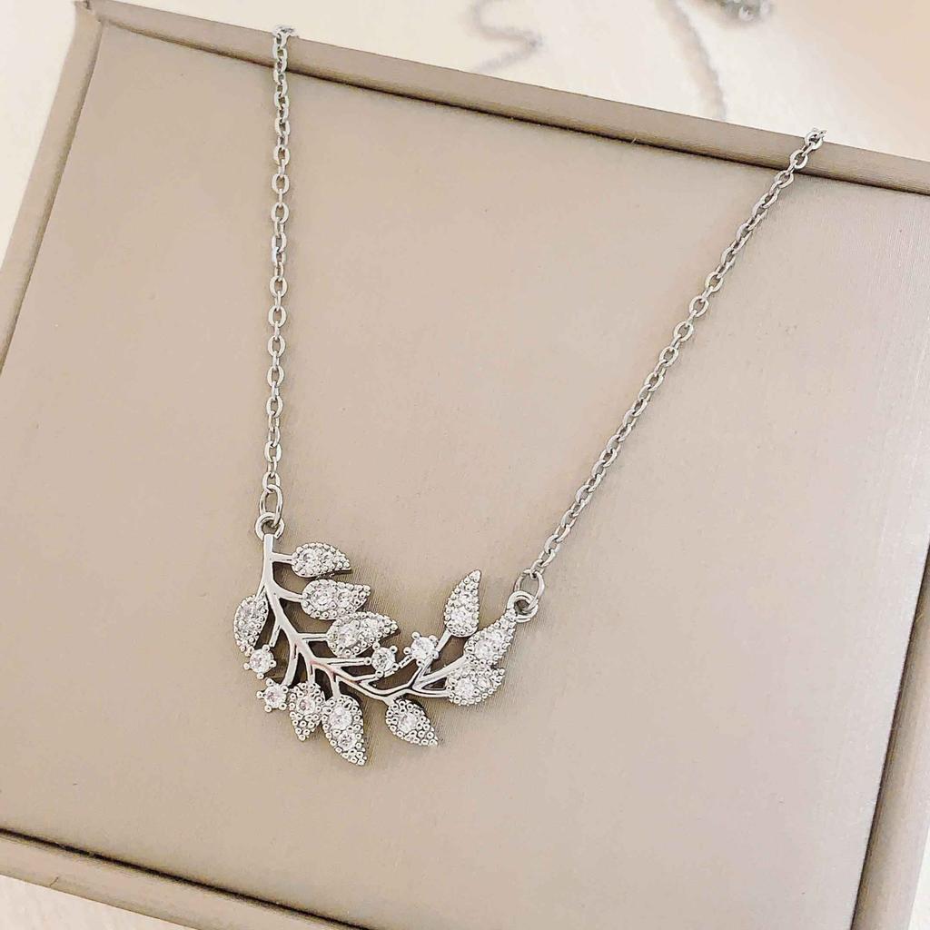 PTTOZAN Gold Plated Leaves Pendant Necklace Women Titanium Steel Necklace Full Zircon Summer Party Jewelry