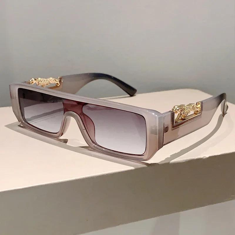 Punk Luxury Brand Designer Rectangle One Piece Sunglasses Women For Men Fashion Vintage Sun Glasses Hip Hop Gold Leopard Eyewear