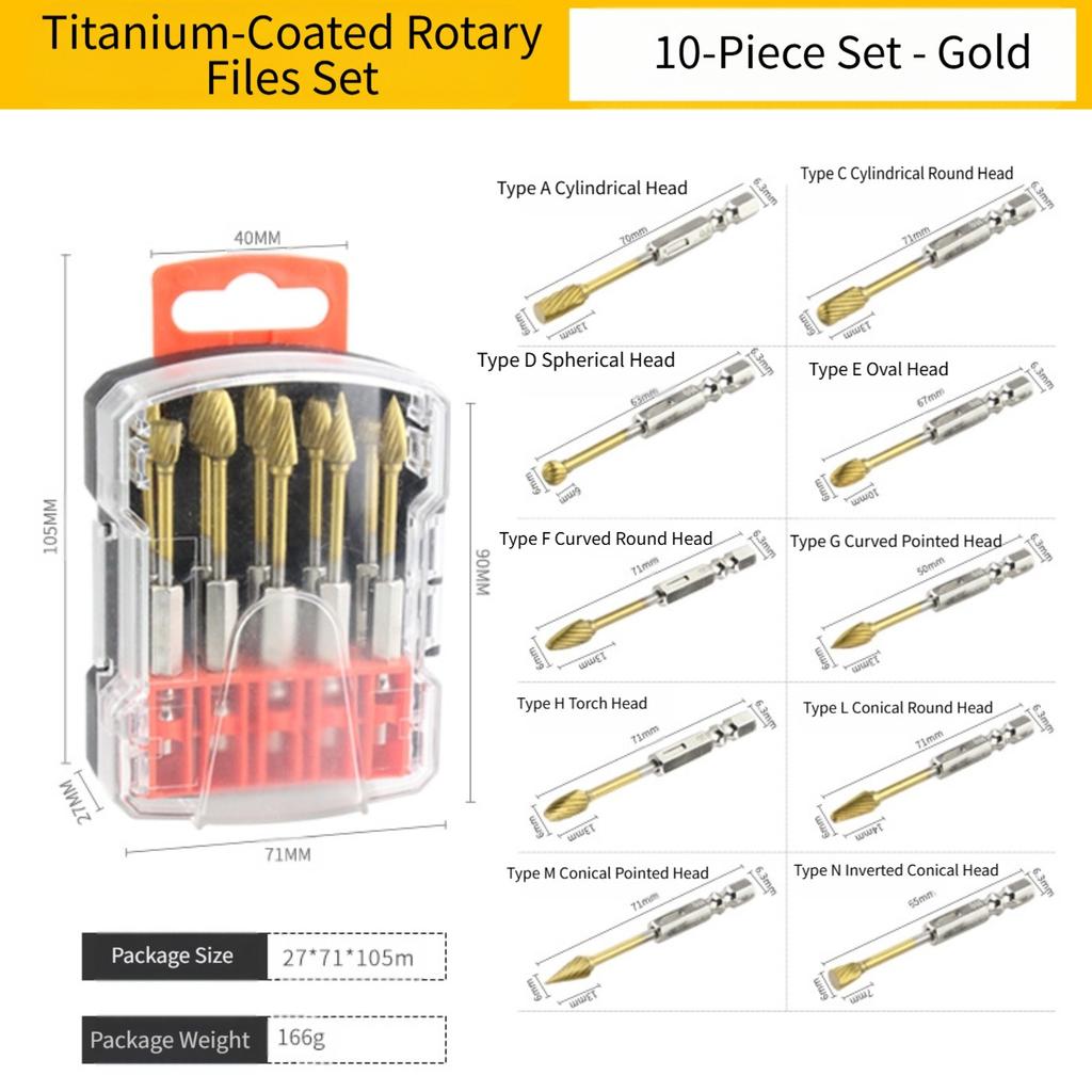 Tungstens Carbide Burr Set Hex 1 4 Inch Titanium Coated 10 Piece Rotary File Milling Cutter For Woodworking Metal Stone