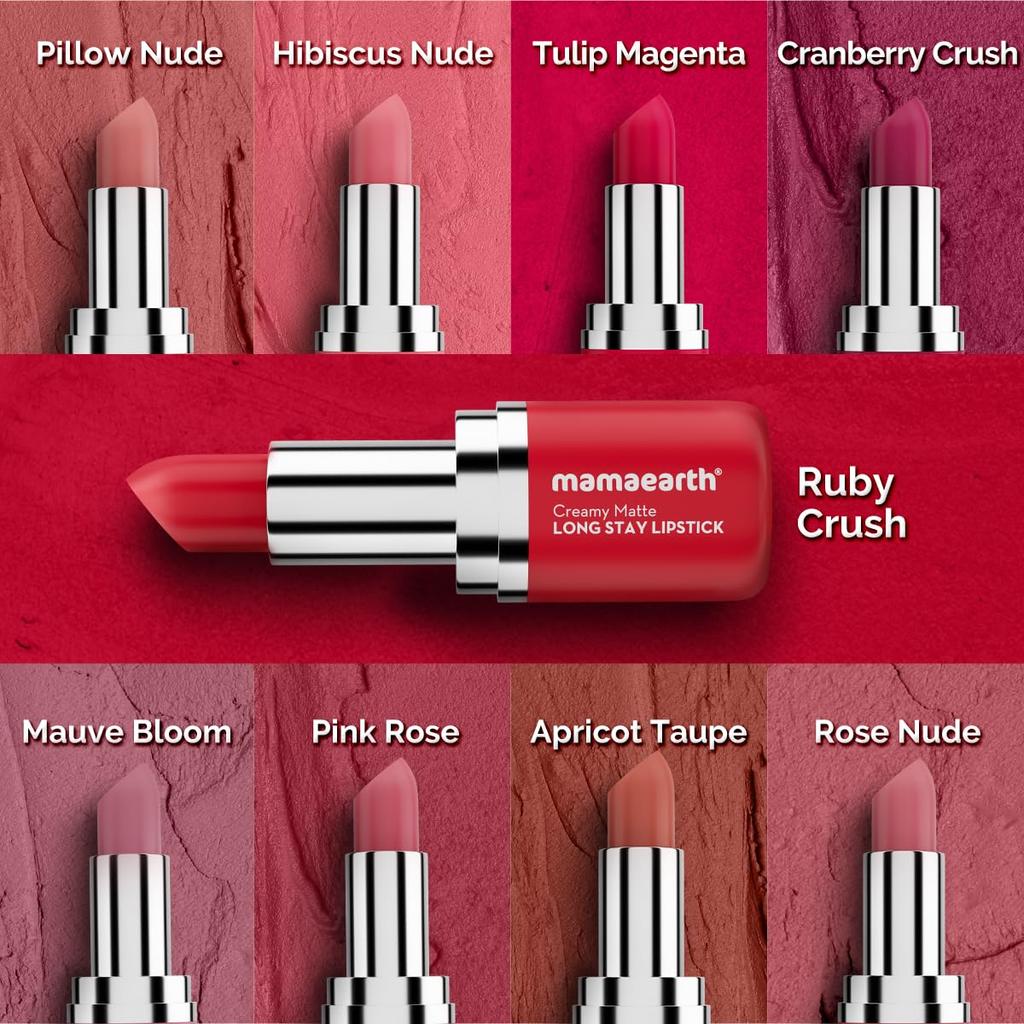 Mamaearth Creamy Matte Long Stay Lipstick 4.2g Ruby Crush Hydrating Non-Drying Flakeproof 8-Hour Color