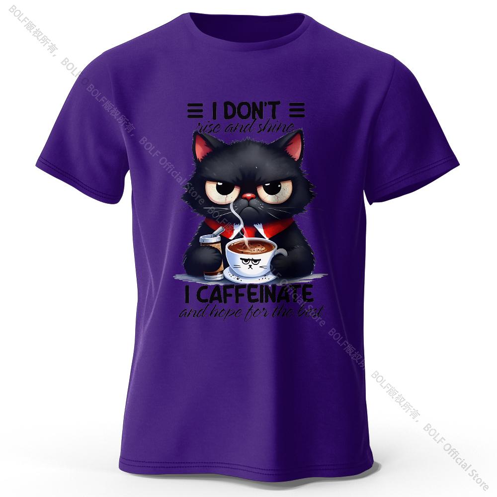 Coffee Loving Cat Print 100% Cotton T-Shirt, Soft & Breathable Round Neck Short Sleeve Tee, Unisex Fun & Quirky Style