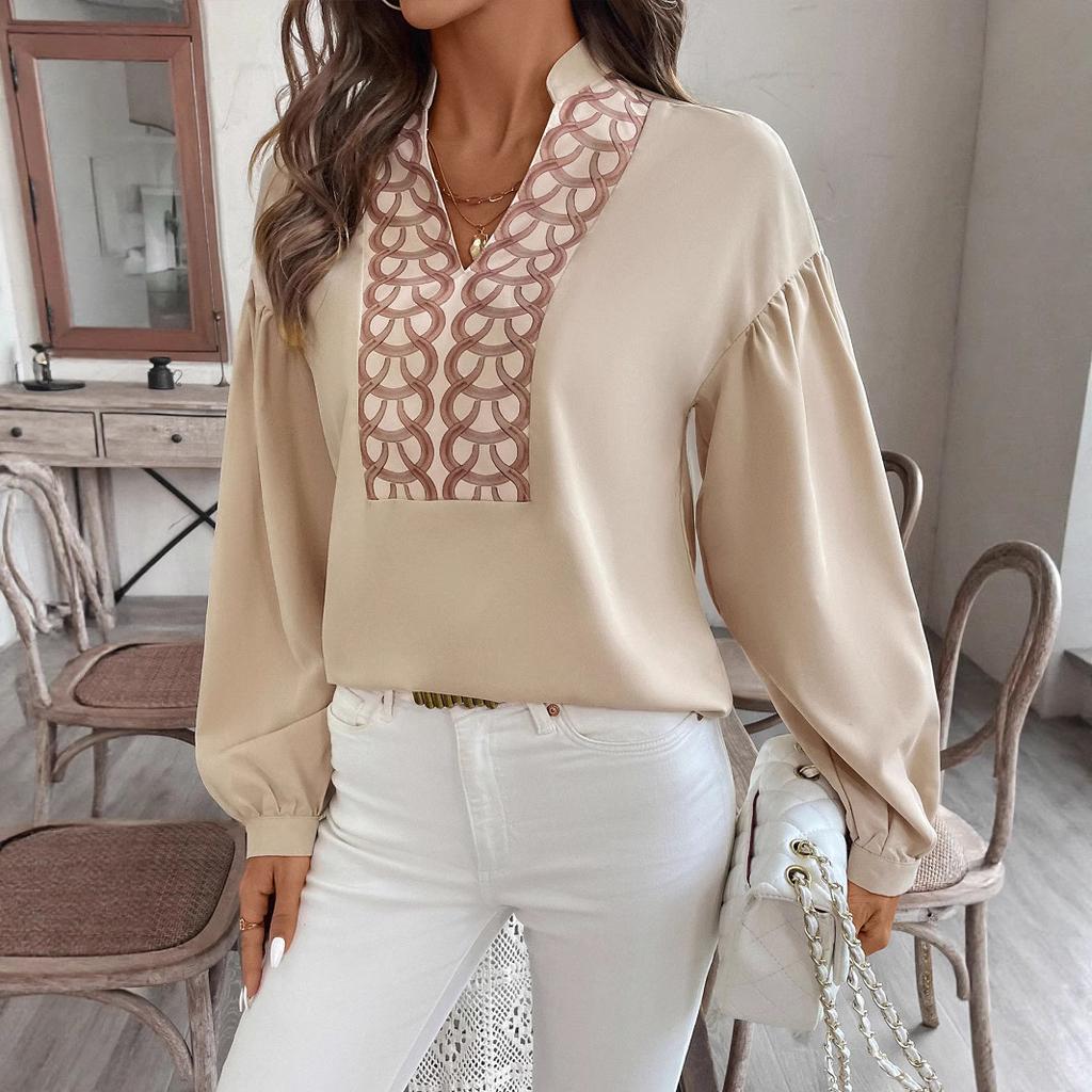 New Vintage and Elegant Open-collar Circular-patterned Decorative Long-sleeved Crew-neck Blouse for Women