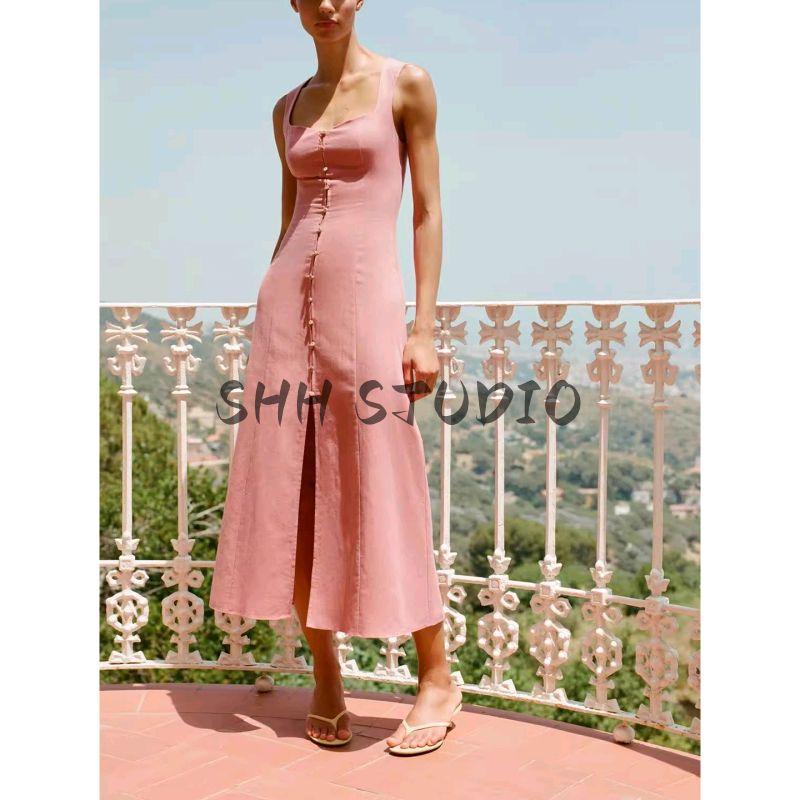 Summer Women Clothes Holiday Style Decorated Row Button Square Collar Linen Blend Midi Dress 6962030 6962029