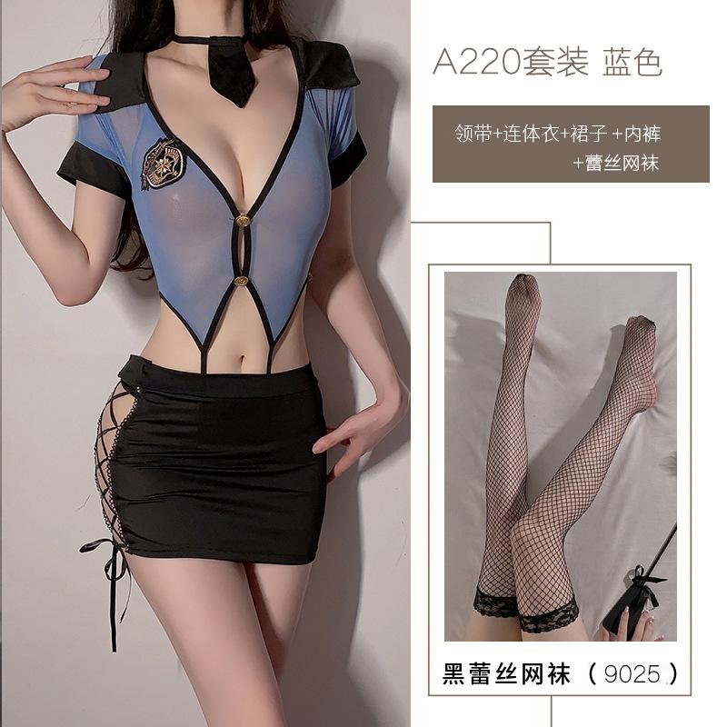 Sex police uniform one-piece suit sexy hollow straps secretary hip skirt hot perspective pajamas women