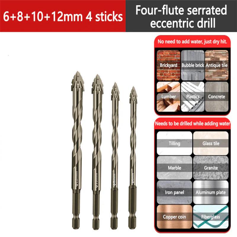 High-Strength 4-Flute Serrated Eccentric Drill Bit Dry Drilling For Ceramic Tile/Glass/Marble Concrete Hex Skewed Head Drill Bit