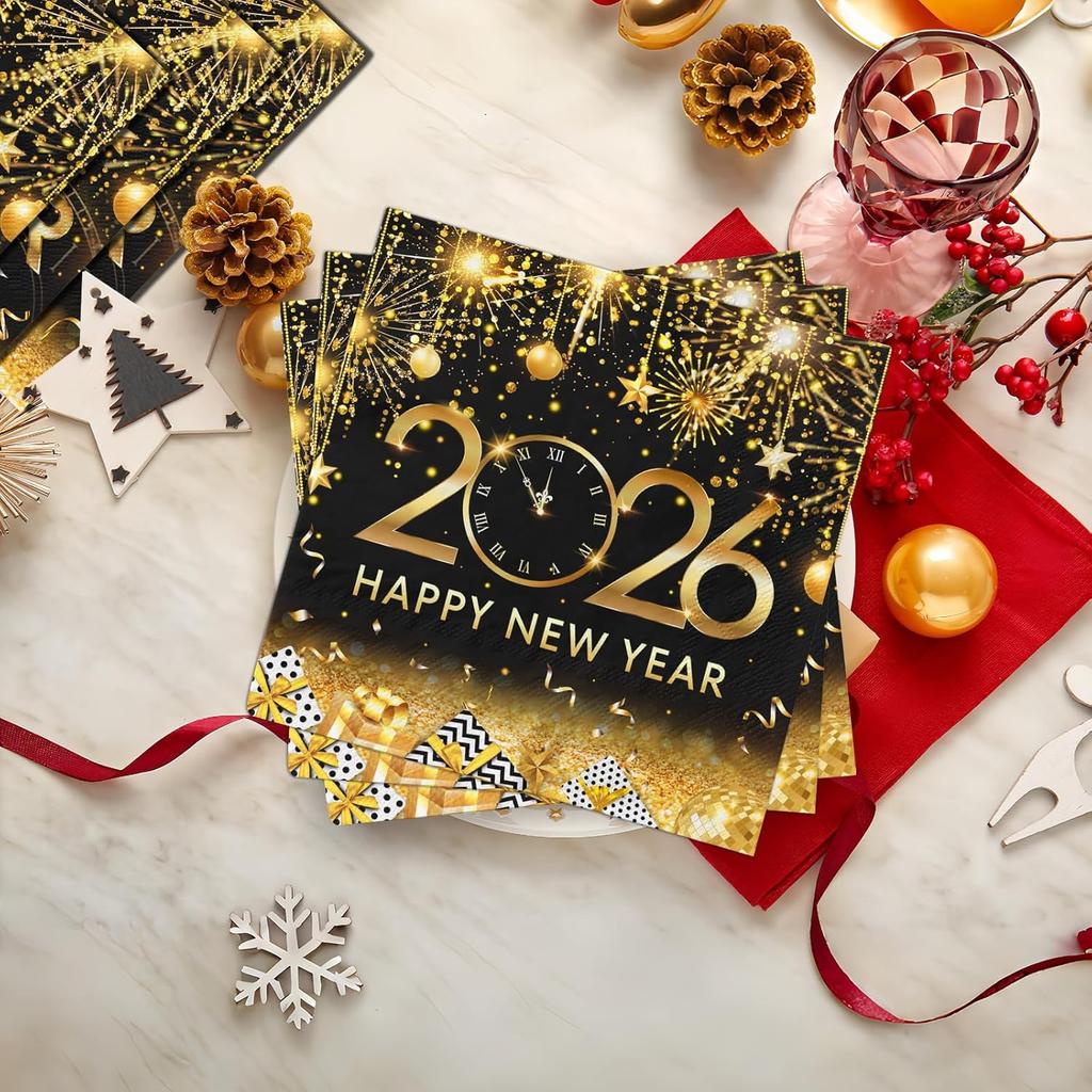 48 Pcs Happy New Year Napk 2026 New Years Eve Party Supplies Black Gold Disposable New Year Paper Napkin for New Years Table Decorations