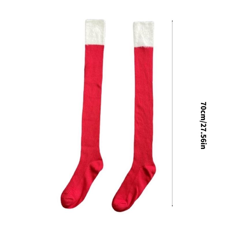 Classical Holiday Themed Cosplay Christmas Thigh High Long Socks for Women Plush Top Patchwork Over the Knee Stockings
