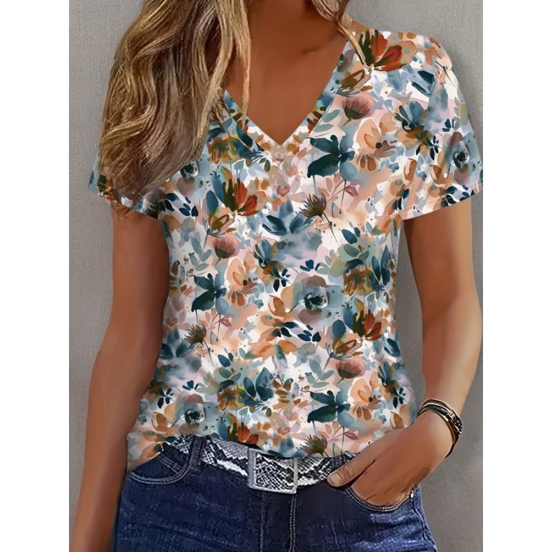 Gradient tie-dye botanical flower graphic V-neck short-sleeved T-shirt S
