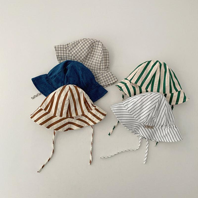 Summer Baby Bucket Hat Plaid Striped Lace-up Wide Brim Sunshade Fisherman Cap Infant Boys Girls Outdoor Sun Hats
