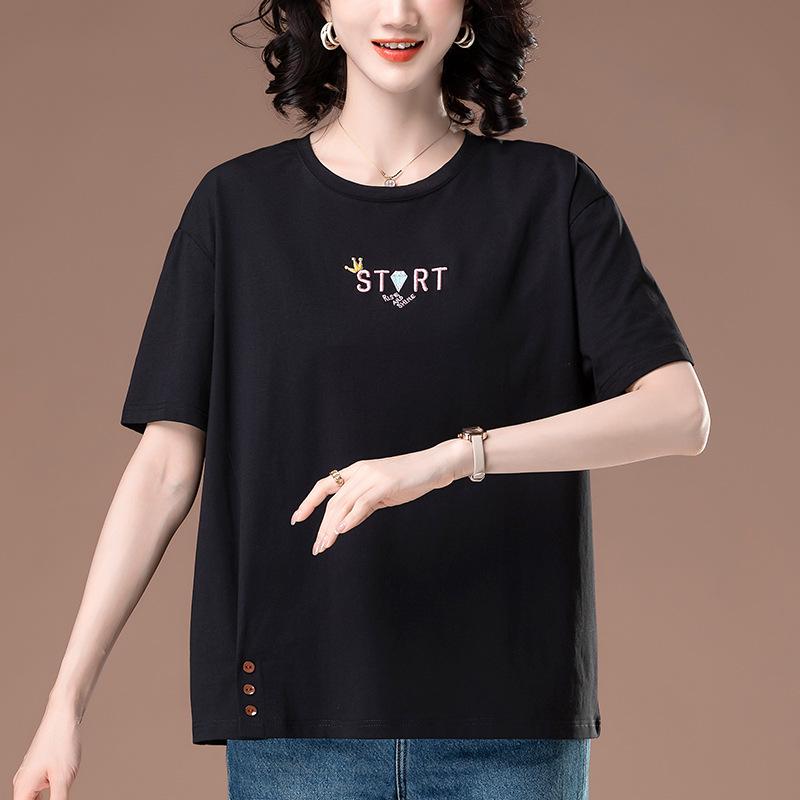 Damski letni bawełniany T-shirt z haftem, o luźnym kroju, plus size, z krótkim rękawem, styl 6313