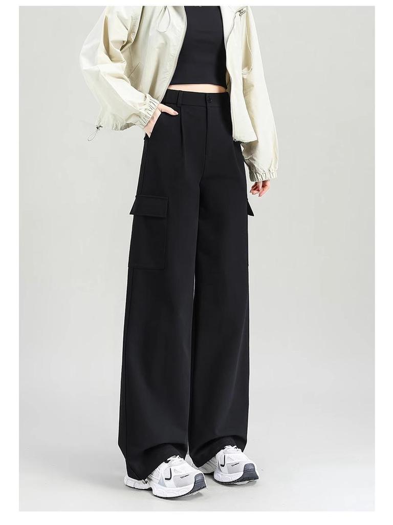 Damen 2025 Frühling High-Waist Weiße Weitbein Cargo Jogginghosen