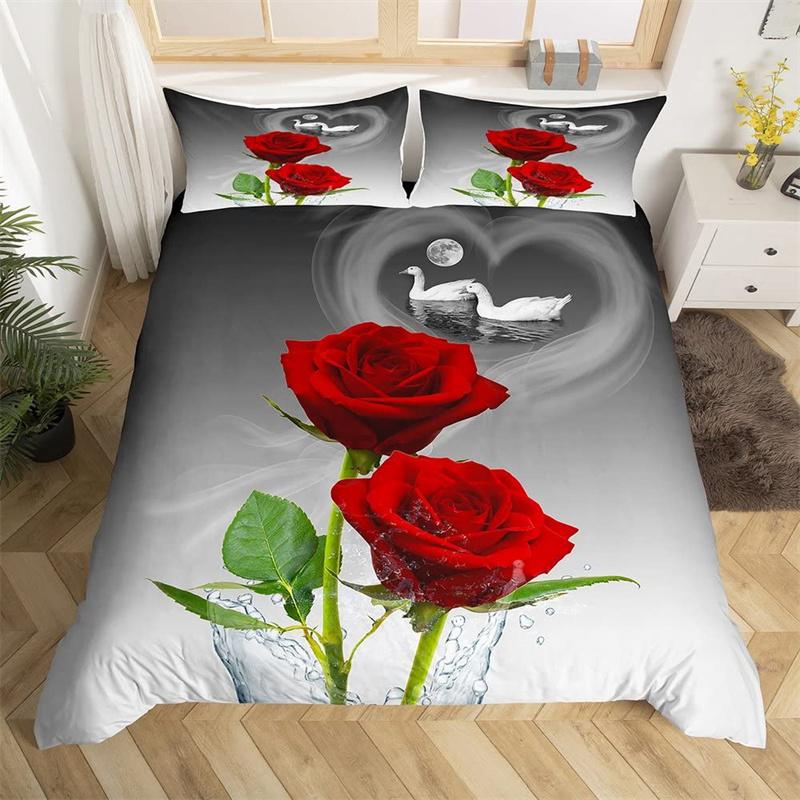 Red Rose Duvet Cover Twin King Romantic Theme Floral Bedding Set Microfiber Love Heart Flowers Quilt Cover For Girl Teen Wedding