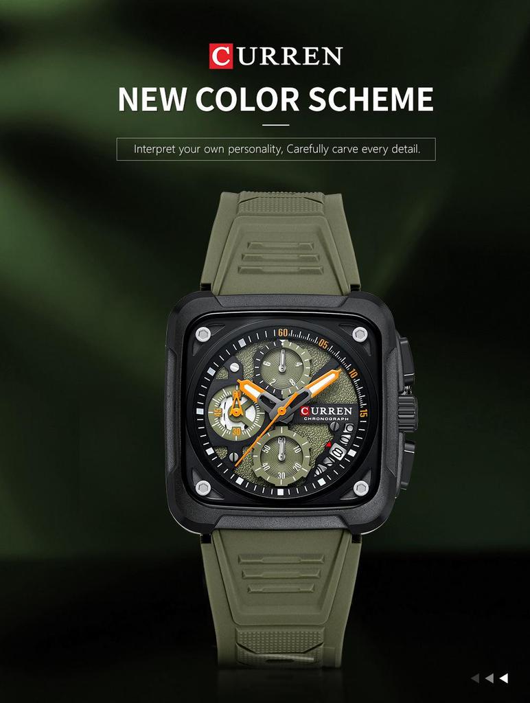 CURREN 8461 Men's Square Sports Watch with Silicone Strap and Multifunctional Six-Needle Calendar