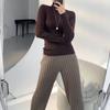 Casual Thick Knitted Women Pants Elastic High Waist Loose Female Wide Leg Pant Long Trousers Autumn Winter Striped Pantalon