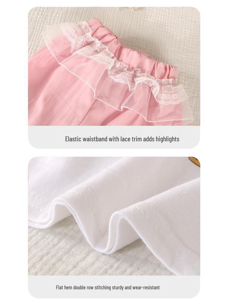 Summer Baby Girl 3D Print Lace Cotton Mosquito-Proof Two-Piece Short Sleeve Set