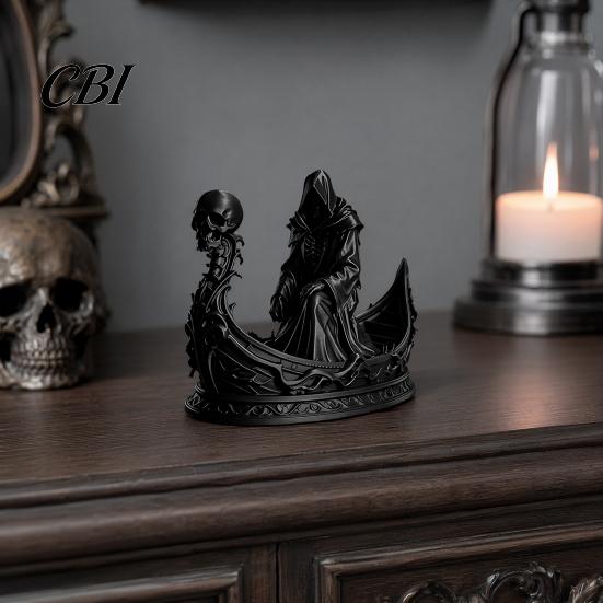 Gesichtslose Sensenmann-Statue 3D-gedruckte gotische Totenkopf-Bootsfigur, Kleines Schreibtischornament Halloween-Dekoration für Partydekoration, Dunkles Horror-Thema