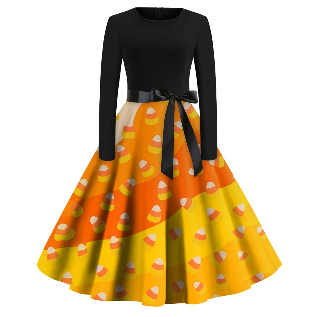 Women's Vintage Long Sleeve Halloween Print Family Party Prom Dress