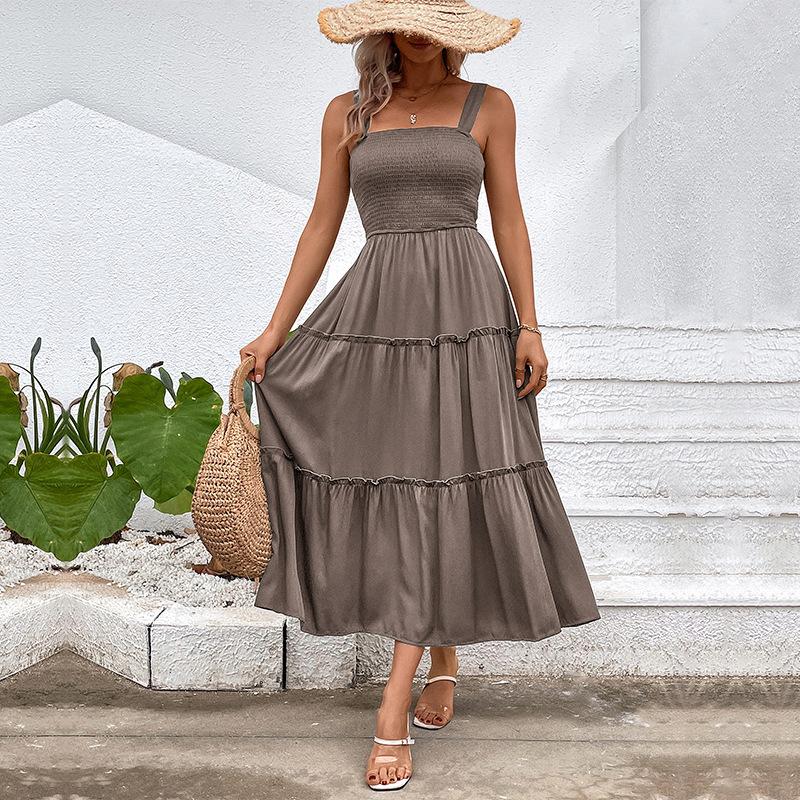 Summer Women Solid Color Strap Dress Sexy Long Ruffled