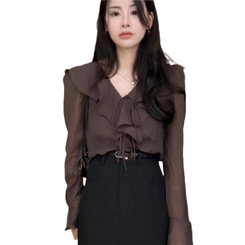 

Блузки для женщин Chemise Femme Женские расклешенные рубашки с оборками Blusas Femininas Elegantes Топы Винтажная весенняя рубашка Тонкое пальто S