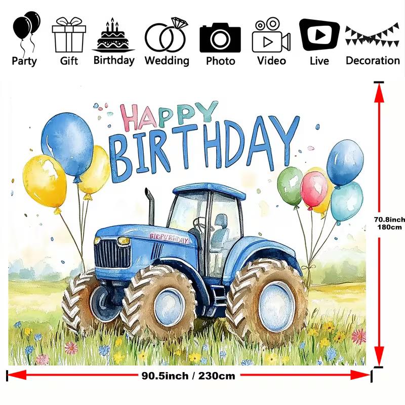 2D Flat Print Tractor Happy Birthday Tapestry Backdrop for Kids Farm Party