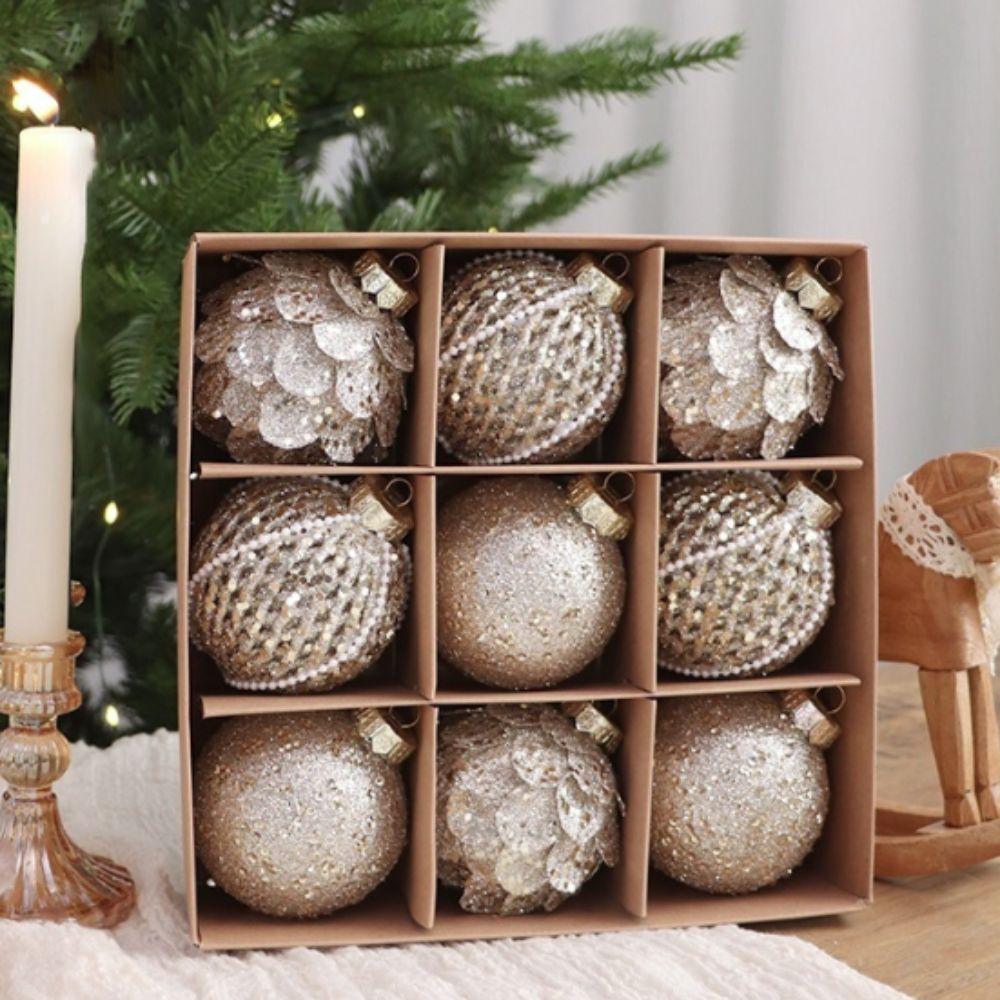 9PCS 8CM Christmas Ball Ornaments Glitter Xmas Spheres Pendant Set New Year