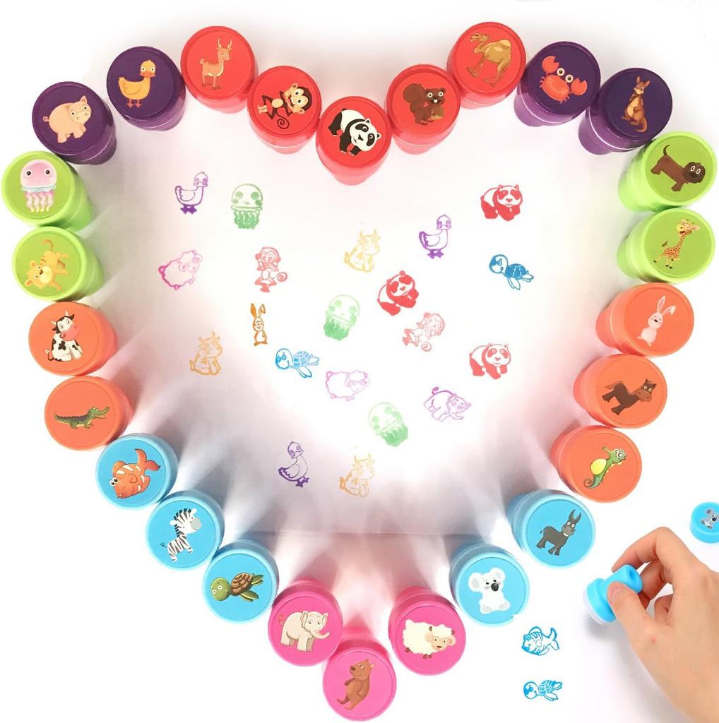 SensaBliss Cute Stamp Set of 26 Perfect for Summer Mini Girls and Ink Cute Round Birthday Festival Rewards - Festivals, Games, Toys, Animals, Stamps,