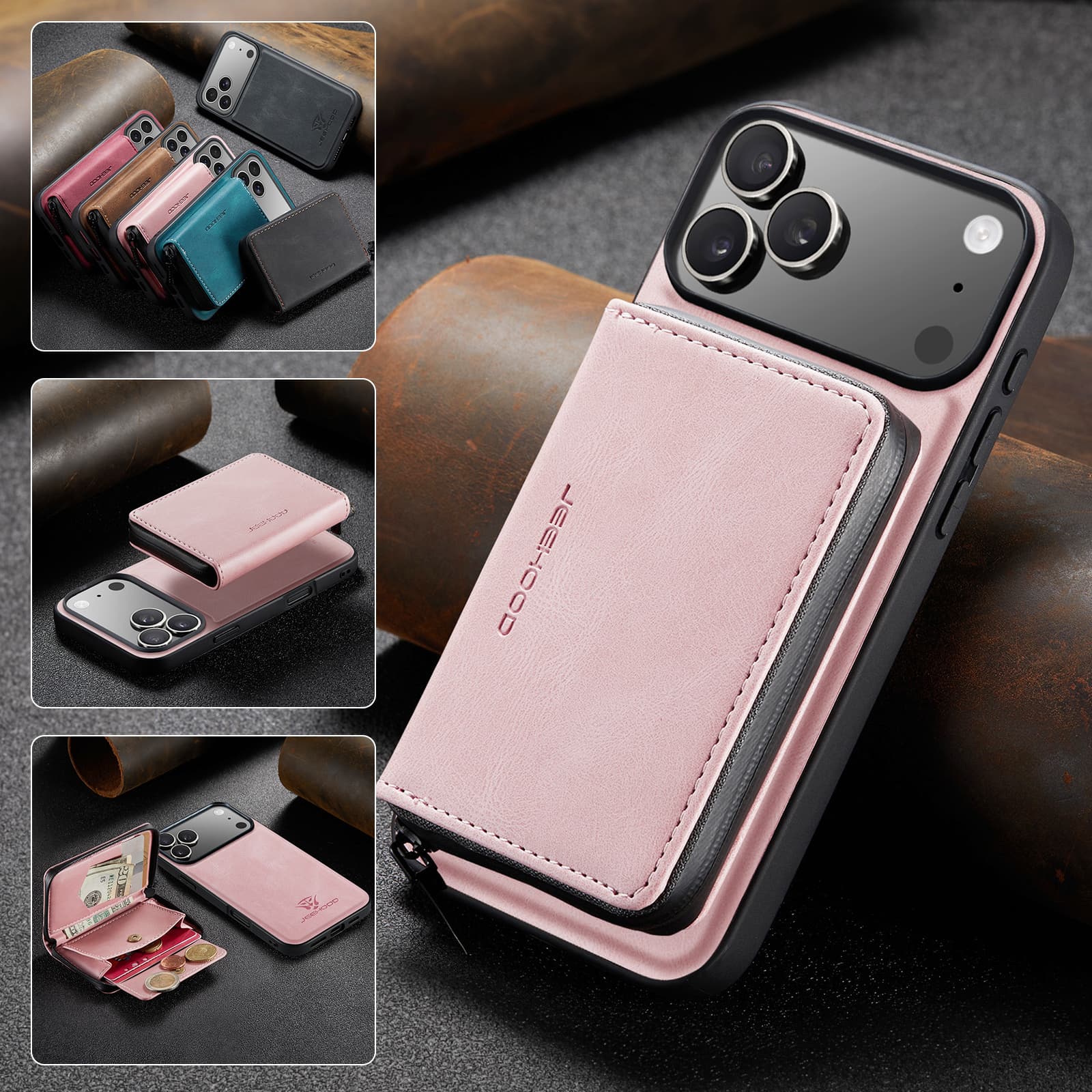 

Magnetic Leather Case for iPhone 17 Pro Max Air 16E 16 Plus 15 14 13 12 Mini 11 Detachable Zipper Card Slot Wallet Holder Cover iPhone 11 Pro рожевий
