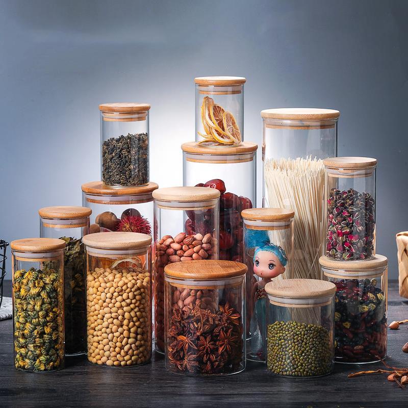 Borosilicate Glass Jar with Bamboo Lid - Round Tea Canister and Snack Storage Container 6.5cm Bamboo Lid
