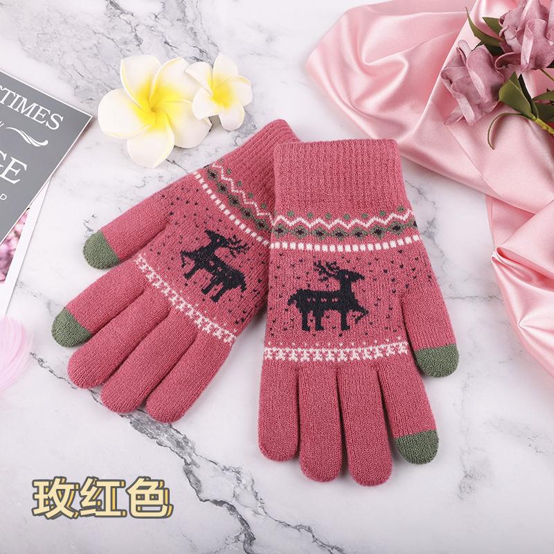 Double Gloves Deer Piled Thickened Christmas Cold Warm Knitted Wool Winter Outdoor Women's Gloves