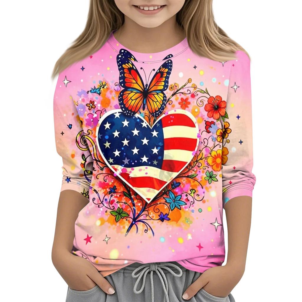 Children's Independence Day Printed Round Neck Seven Quarter Sleeve Casual T-shirt