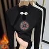New Autumn Winter National Style Frog Button Stand Collar Long Sleeve Women's T-shirt - Water Drop Print Warm Versatile Top